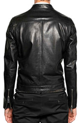 Men Asymmetrical Zip Slim Fit Casual Black Leather Jacket